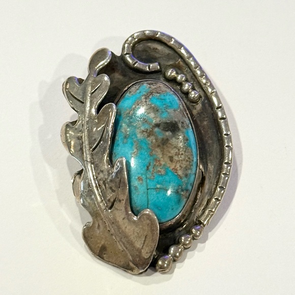 Vintage Sterling Silver 925 Turquoise Leaf Pendant 27 Grams Southwest Large